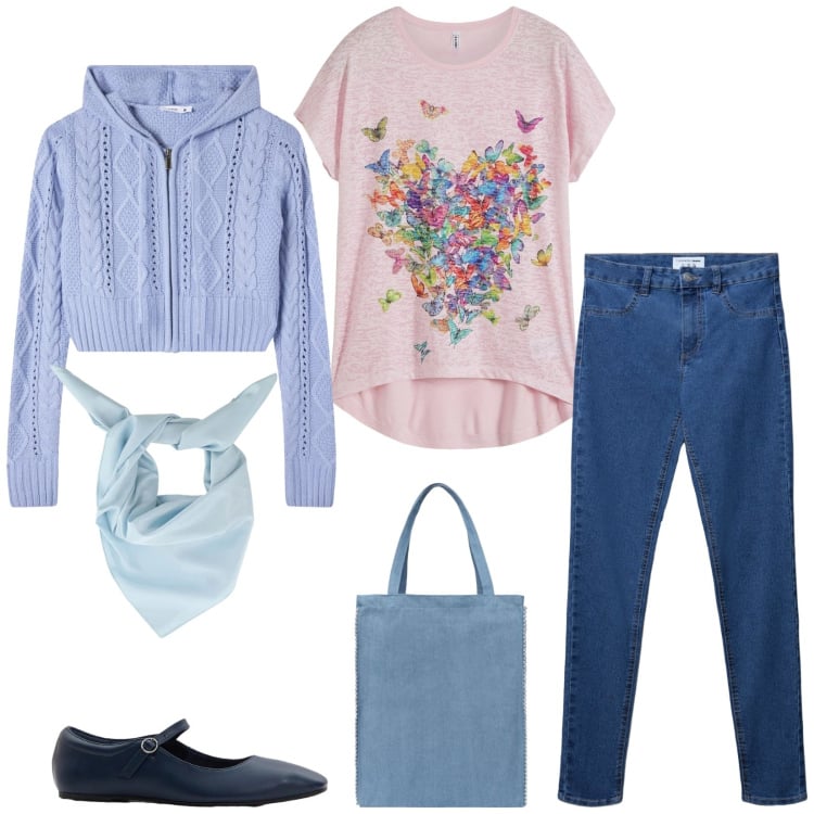 Outfit donna - Spring. Stile Casual per Tutti i giorni. Abbinamento con maglieria, ballerine, cardigans, jeggings, borse tote, foulard.