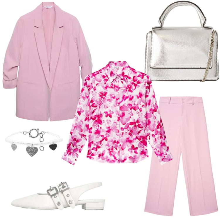 Outfit donna - Primavera in rosa. Stile Romantica per Serata fuori. Abbinamento con braccialetti, camicie, ballerine, pantaloni, blazer, borse a tracolla.