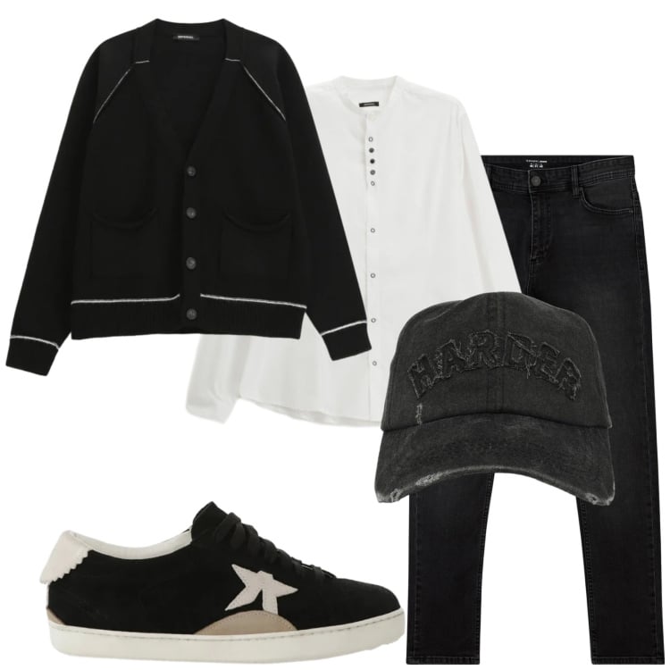 Outfit uomo - Difficile. Stile Casual per Tutti i giorni. Abbinamento con camicie, sneakers, cardigans, jeans skinny, cappelli con visiera.