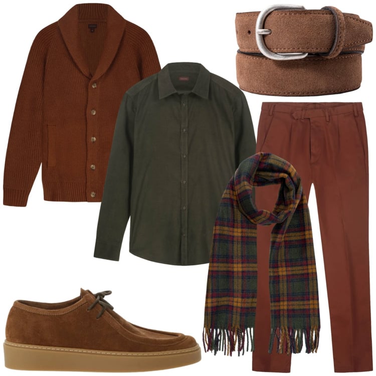 Outfit uomo - Ruggine e verde. Stile Casual per Tutti i giorni. Abbinamento con scarpe stringate, cardigans, pantaloni, sciarpe, camicie, cinture.