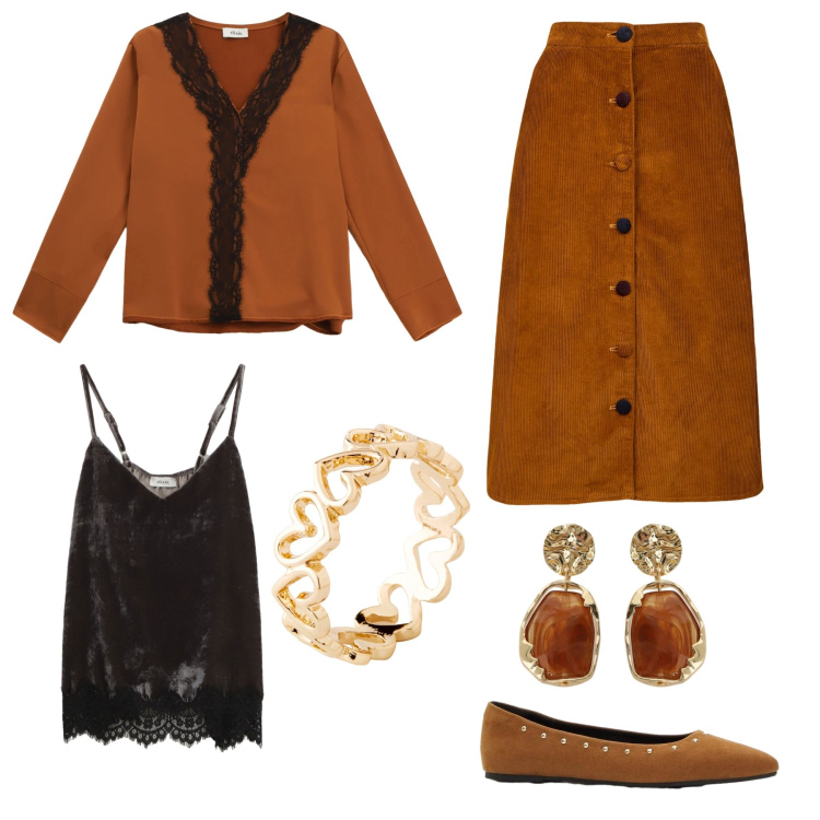 Outfit donna - Coccio e nero. Stile Chic per Ufficio. Abbinamento con ballerine, anelli, orecchini, bluse, top, gonne longuette.