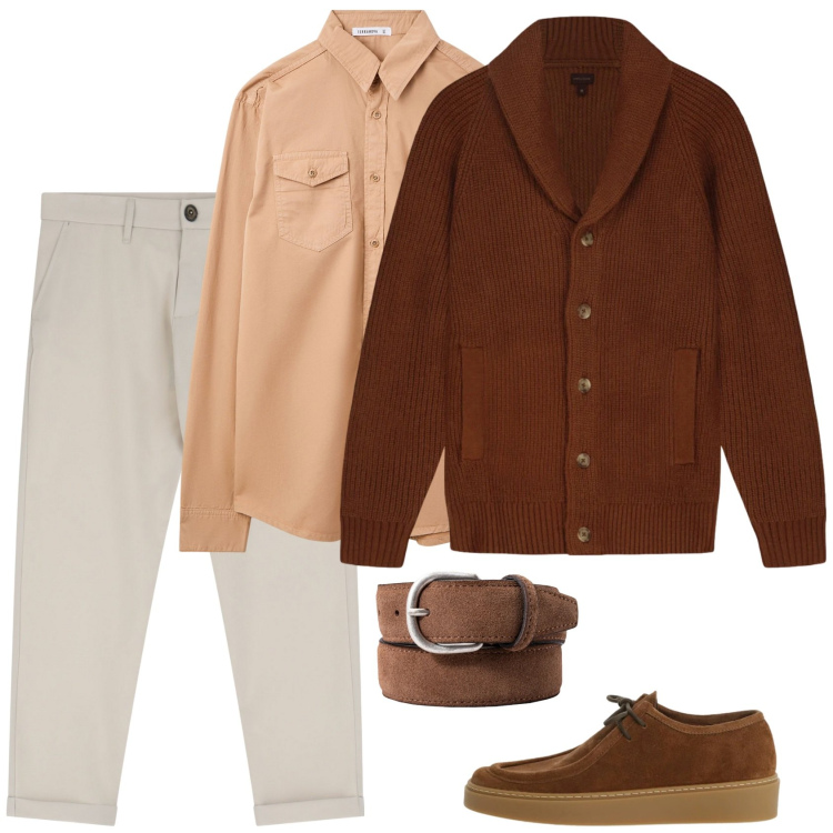 Outfit uomo - Il cardigan. Stile Trendy per Tutti i giorni. Abbinamento con camicie, pantaloni chino, scarpe stringate, cardigans, cinture.
