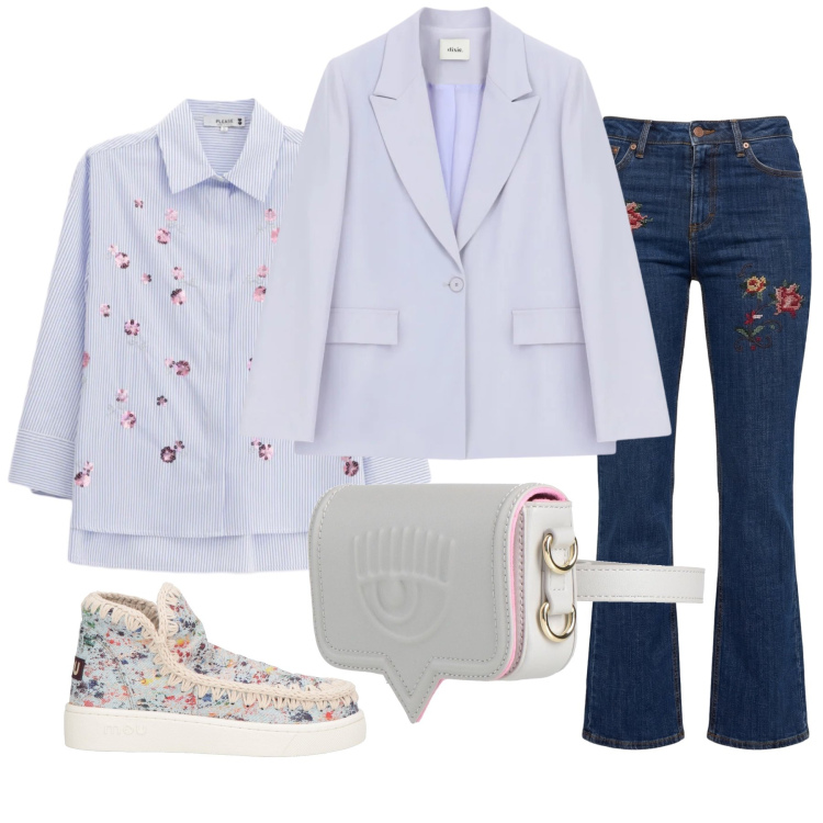 Outfit donna - Total look #2368534. Stile Casual chic per Tutti i giorni. Abbinamento con marsupi, stivaletti, jeans, blazer, camicie.