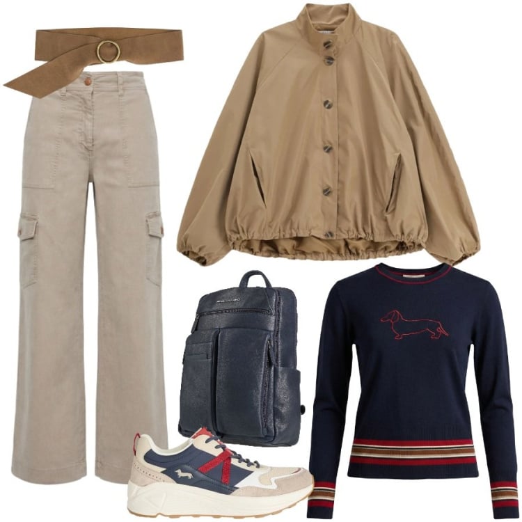 Outfit donna - Look weekend. Stile Casual chic per Tutti i giorni. Abbinamento con zaini, pantaloni cargo, maglieria, sneakers, bomber, cinture.