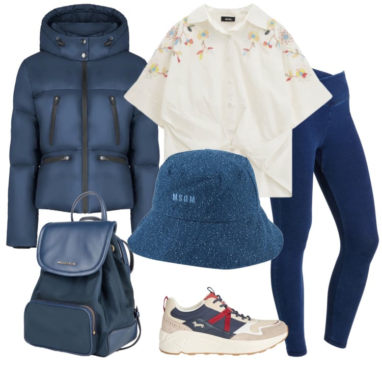 Outfit donna - Blue. Stile Casual per Tutti i giorni. Abbinamento con cappelli, zaini, sneakers, piumini, camicie a manica corta, leggings.