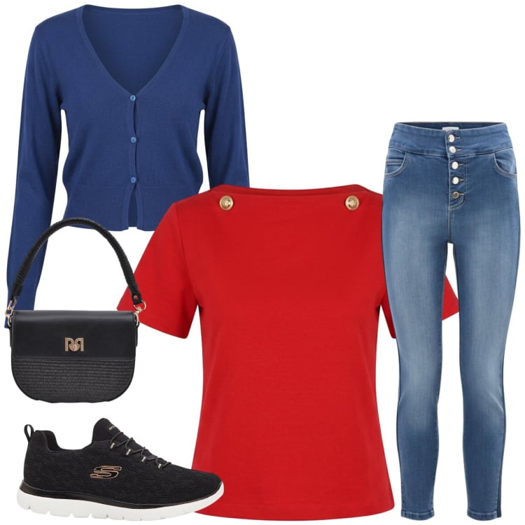 Outfit donna - Nautical Pop & Daily Comfort. Stile Casual chic per Tutti i giorni. Abbinamento con sneakers, borse a spalla, jeans, cardigans, t-shirt.