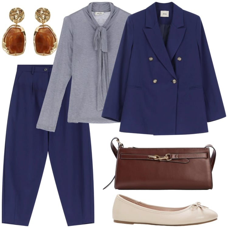 Outfit donna - Impegni primaverili. Stile Casual chic per Ufficio. Abbinamento con ballerine, borse a tracolla, blazer, pantaloni, orecchini, top.