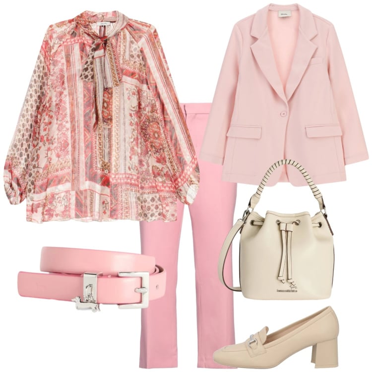 Outfit donna - Primavera rosa. Stile Chic per Ufficio. Abbinamento con mocassini, pantaloni, borse a secchiello, cinture, camicie, blazer.