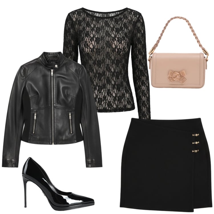Outfit donna - Midnight Lace & Leather Edge. Stile Glamour per Serata fuori. Abbinamento con décolleté, minigonne, bluse, pochette, giacche.