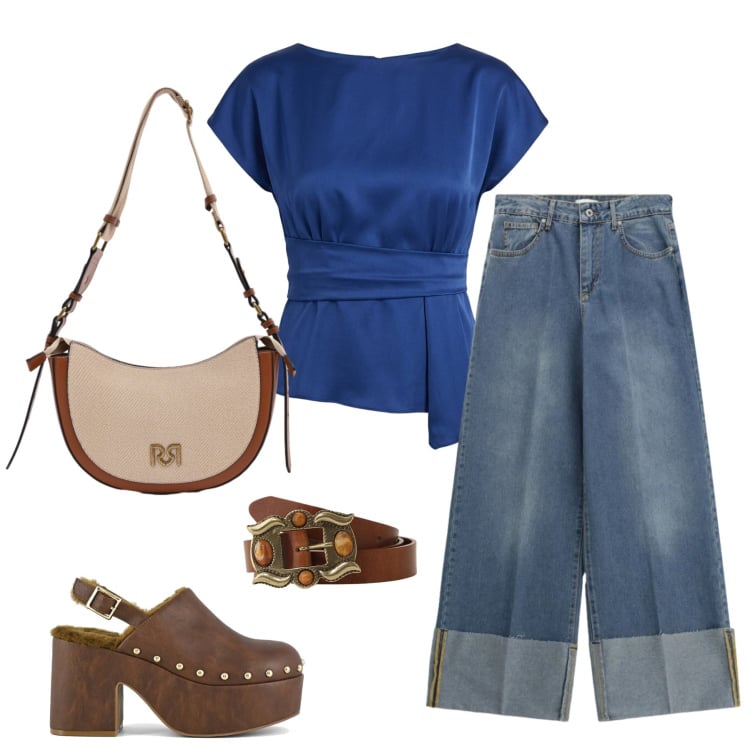 Outfit donna - Blue Satin & Retro Denim. Stile 70s per Tutti i giorni. Abbinamento con borse a tracolla, bluse, jeans, cinture, sabot.