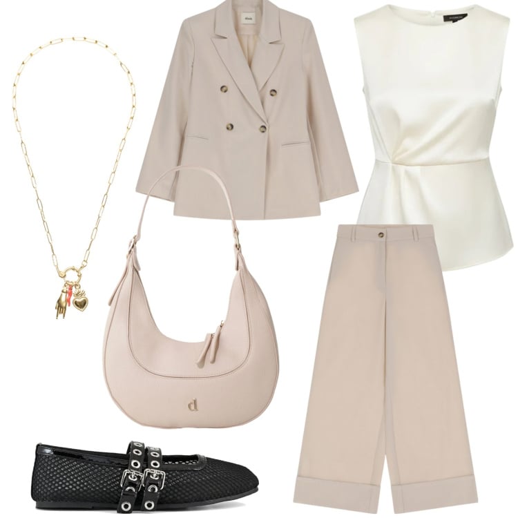 Outfit donna - Total look #2368548. Stile Chic per Ufficio. Abbinamento con bluse, blazer, shorts, borse a tracolla, ciondoli, ballerine.