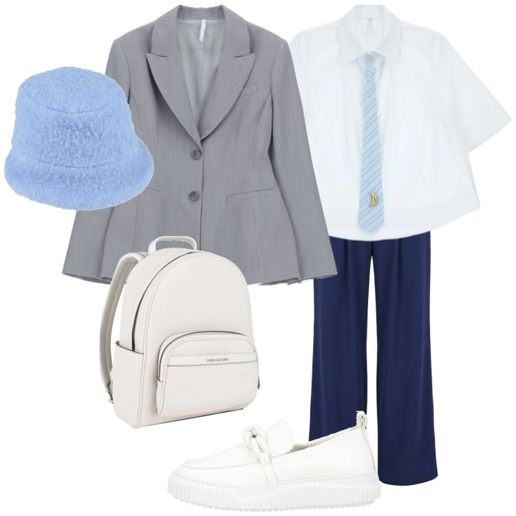 Outfit donna - Laurea in filosofia. Stile Bon Ton per Scuola/Università. Abbinamento con mocassini, zaini, cappelli, pantaloni a palazzo, blazer, camicie a manica corta.