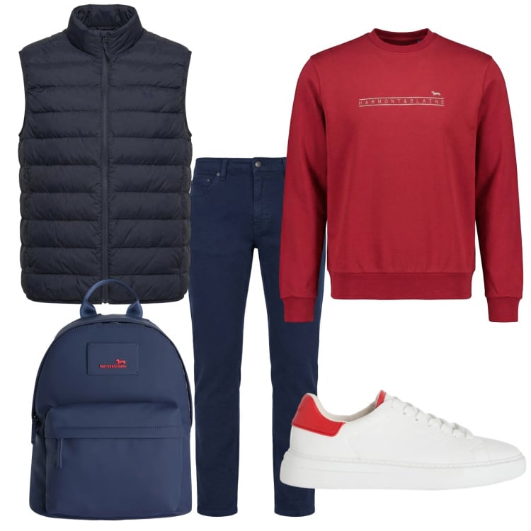 Outfit uomo - Pronto per l\'università. Stile Casual per Tutti i giorni. Abbinamento con felpe, borse sportive, piumini, sneakers, pantaloni.