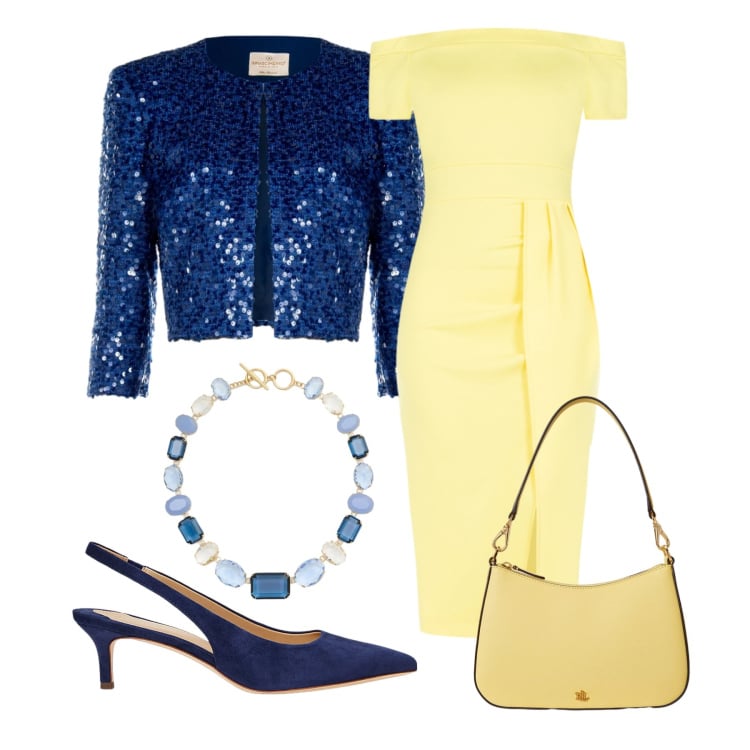 Outfit donna - Notte stellata. Stile Chic per Cerimonia. look ideale per Tall. Abbinamento con vestiti asimmetrici, bolero, décolleté, borse a spalla, collane.