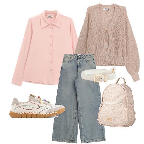 Outfit donna - comfy pink. Stile Casual per Tutti i giorni. Abbinamento con zaini, cardigans, cinture, camicie, jeans, sneakers.