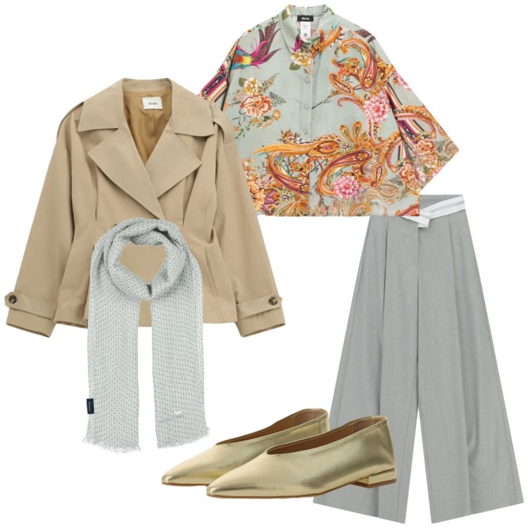 Outfit donna - Alla laurea di mia nipote. Stile Casual chic per Tutti i giorni. Abbinamento con sciarpe, pantaloni a palazzo, blazer, ballerine, camicie.