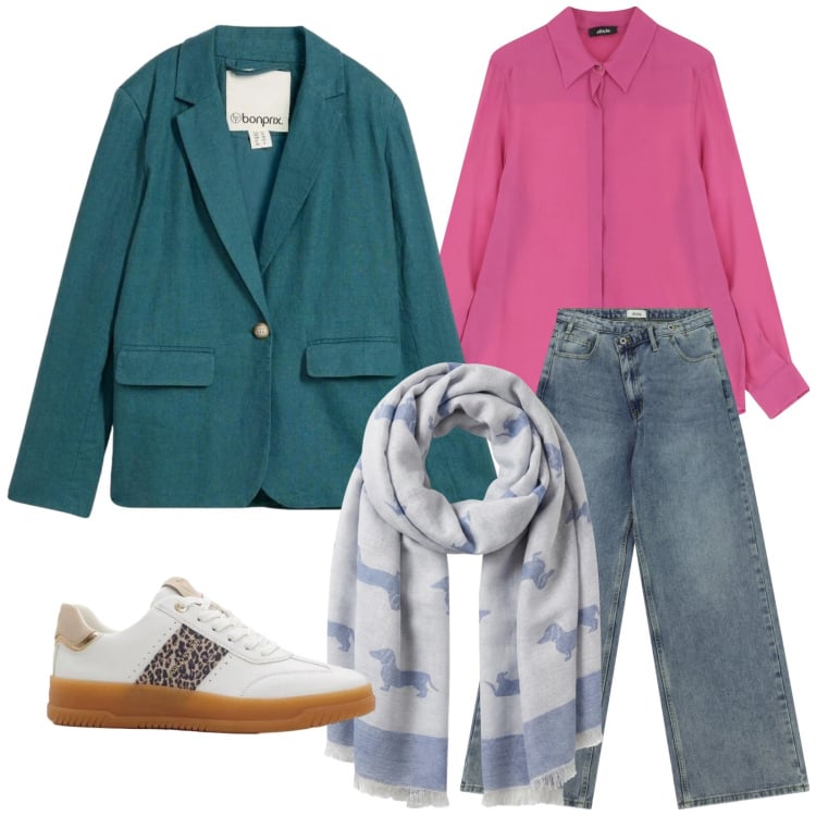 Outfit donna - Viali e giardini. Stile Casual per Tutti i giorni. Abbinamento con blazer, sneakers, sciarpe, camicie, jeans.