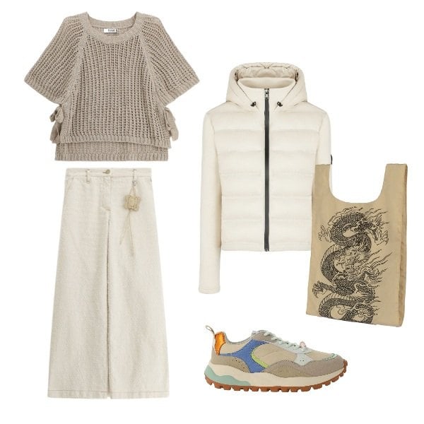 Outfit donna - weekend in ecrù. Stile Urban per Tutti i giorni. Abbinamento con top, pantaloni a palazzo, piumini, shopping bag, sneakers.