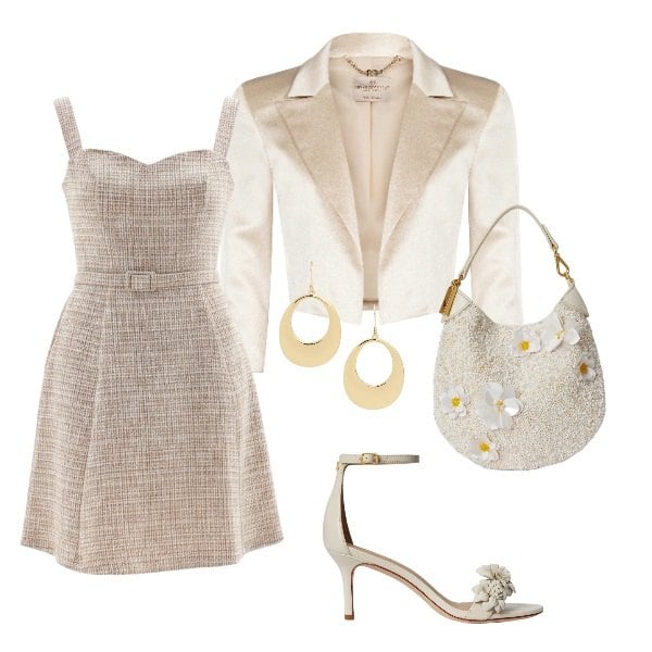 Outfit donna - classe primaverile. Stile Romantica per Cerimonia. Abbinamento con vestiti corti, bolero, pochette, sandali in pelle, orecchini.