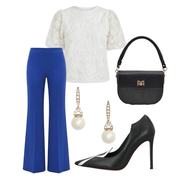 Outfit donna - Electric blue. Stile Chic per Serata fuori. look ideale per Petite. Abbinamento con décolleté, pantaloni a palazzo, borse a spalla, bluse, orecchini.