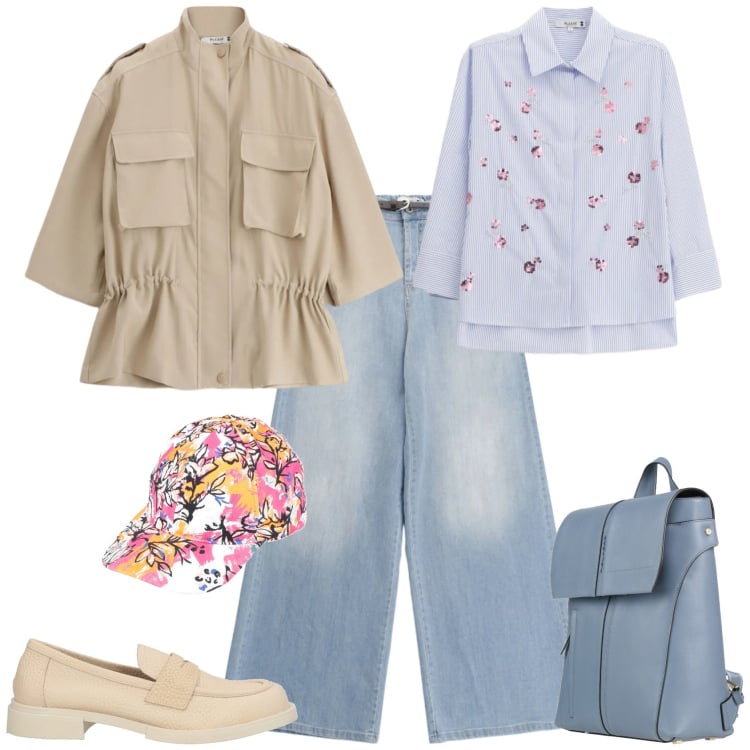 Outfit donna - Casual tempo libero. Stile Casual per Tutti i giorni. Abbinamento con zaini, mocassini, cappelli con visiera, camicie, jeans, parka.