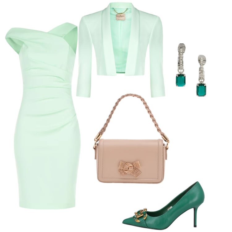 Outfit donna - Glamour in primavera. Stile Chic per Cerimonia. Abbinamento con décolleté, vestiti asimmetrici, pochette, bolero, orecchini.