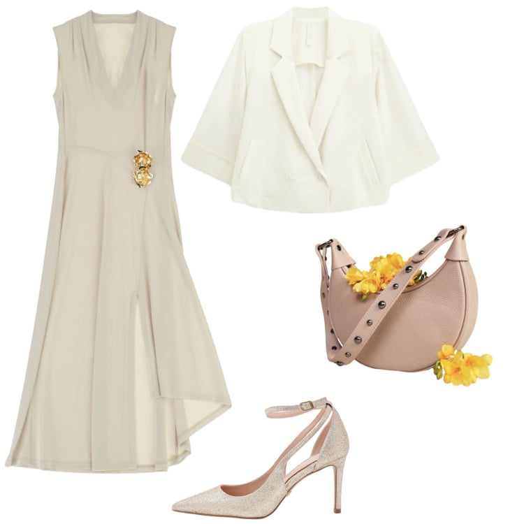 Outfit donna - Stile romantico primaverile. Stile Casual chic per Cerimonia. Abbinamento con décolleté, vestiti midi/longuette, blazer, borse a spalla.