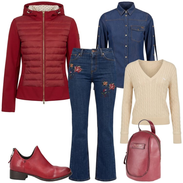 Outfit donna - Trendy ufficio tempo libero. Stile Trendy per Tutti i giorni. Abbinamento con stivaletti, zaini, jeans, giacche, camicie, pullovers.