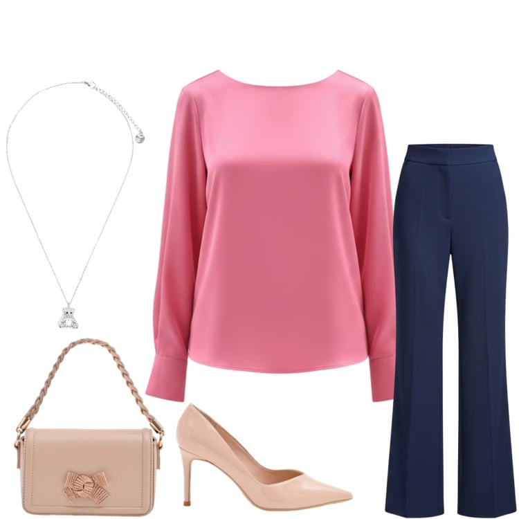 Outfit donna - Rose & Navy. Stile Urban per Ufficio. Abbinamento con décolleté, bluse, pochette, pantaloni a palazzo, ciondoli.