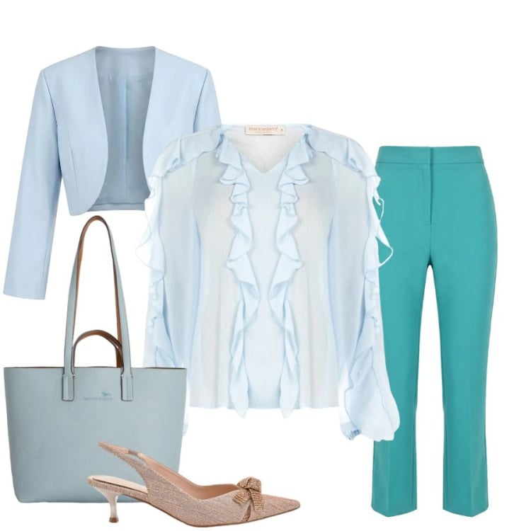 Outfit donna - Azure Breeze. Abbinamento con shopping bag, décolleté, bluse, bolero, pantaloni.