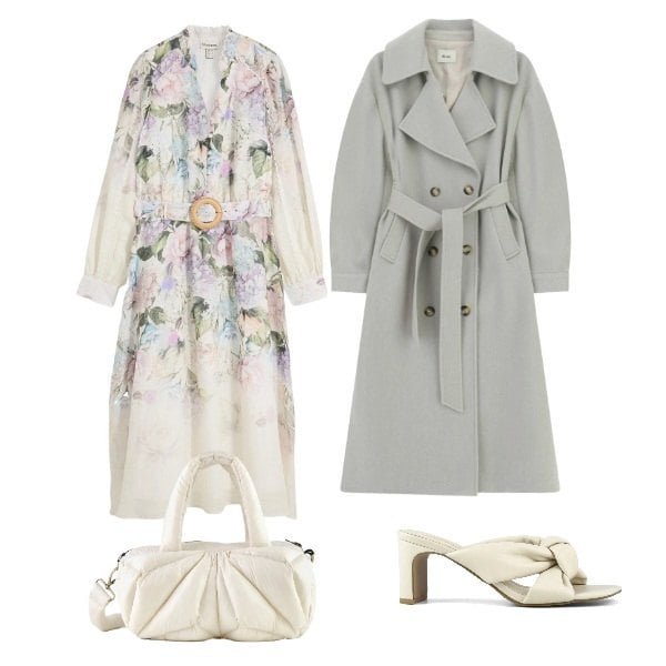 Outfit donna - leggerezza in trench. Stile Romantica per Tutti i giorni. Abbinamento con vestiti midi/longuette, borse a mano, cappotti, sandali col tacco.