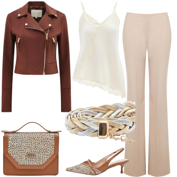 Outfit donna - Giacca di pelle in ufficio. Stile Casual chic per Ufficio. Abbinamento con giacche, pochette, cinture, décolleté, pantaloni a palazzo, canottiere.