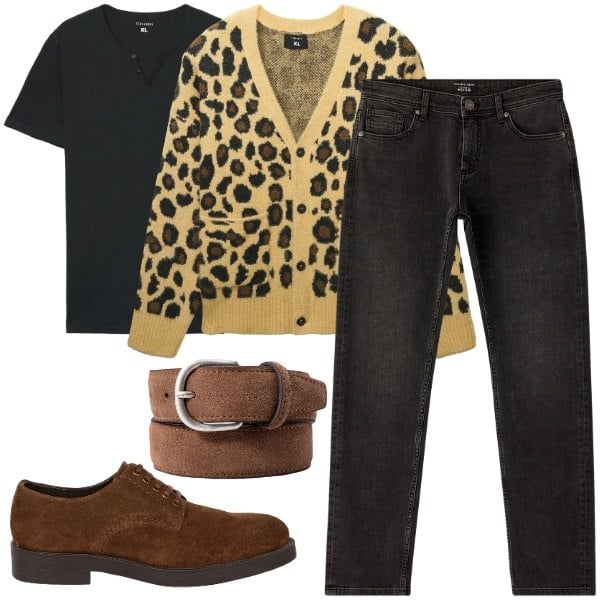 Outfit uomo - Stravaganza Eleganza. Stile Urban per Tutti i giorni. Abbinamento con jeans, cardigans, t-shirt, scarpe stringate, cinture.