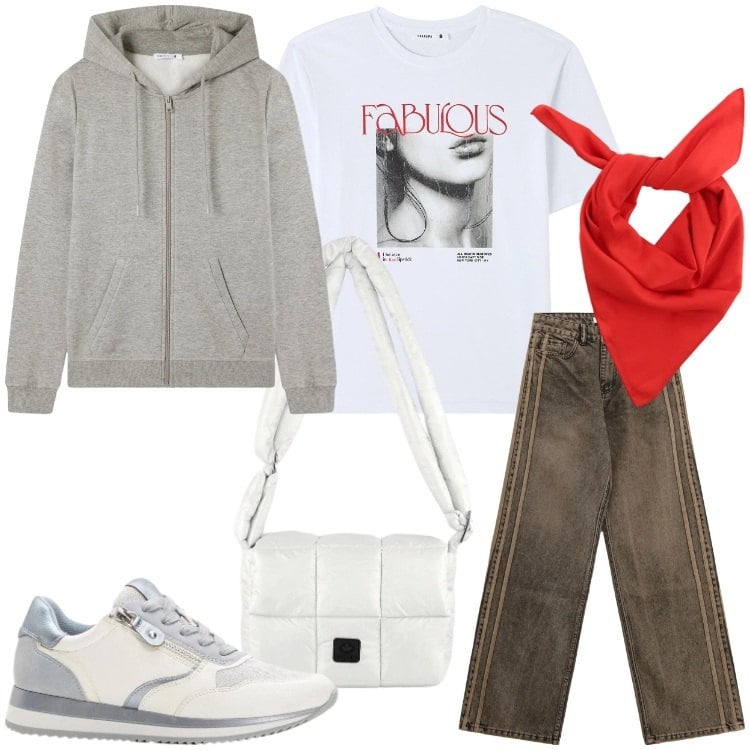 Outfit donna - Look da weekend primaverile. Stile Casual per Tutti i giorni. Abbinamento con sneakers, felpe con cappuccio, t-shirt, foulard, jeans, borse a spalla.