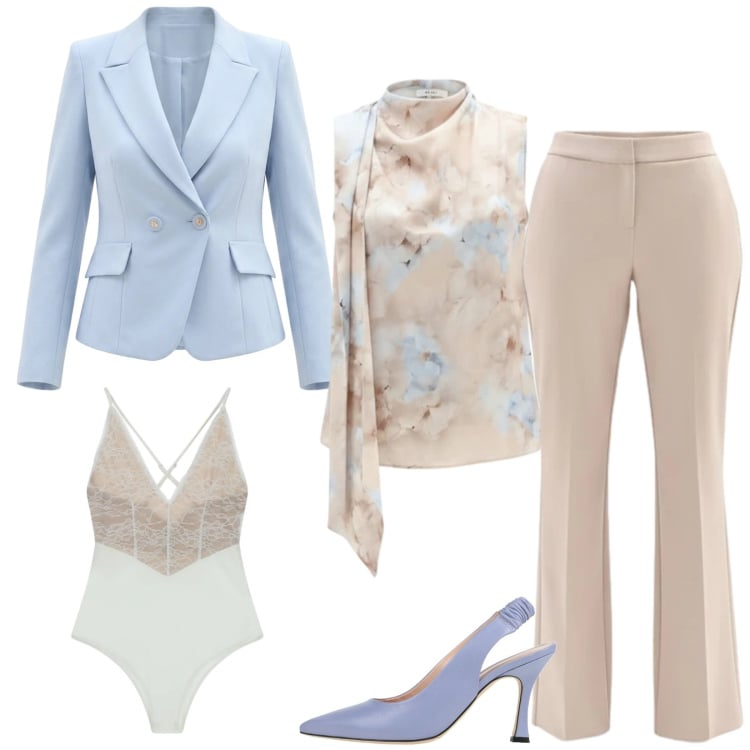 Outfit donna - Azzurro e tortora al battesimo. Stile Chic per Cerimonia. Abbinamento con décolleté, body, canottiere, blazer, pantaloni.