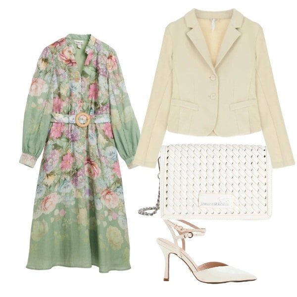 Outfit donna - morbidezza a fiori. Stile Romantica per Cerimonia. Abbinamento con vestiti midi/longuette, borse a tracolla, décolleté, blazer.