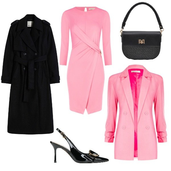 Outfit donna - L\'abbinamento perfetto: rosa e nero. Stile Chic per Cerimonia. Abbinamento con décolleté, trench, vestiti asimmetrici, borse a spalla, blazer.