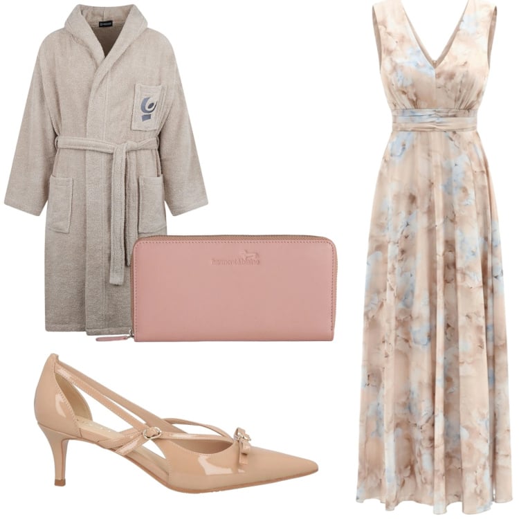 Outfit donna - L\'abito da cerimonia floreale. Stile Glamour per Cerimonia. Abbinamento con décolleté, portafogli, vestiti lunghi, accappatoi.