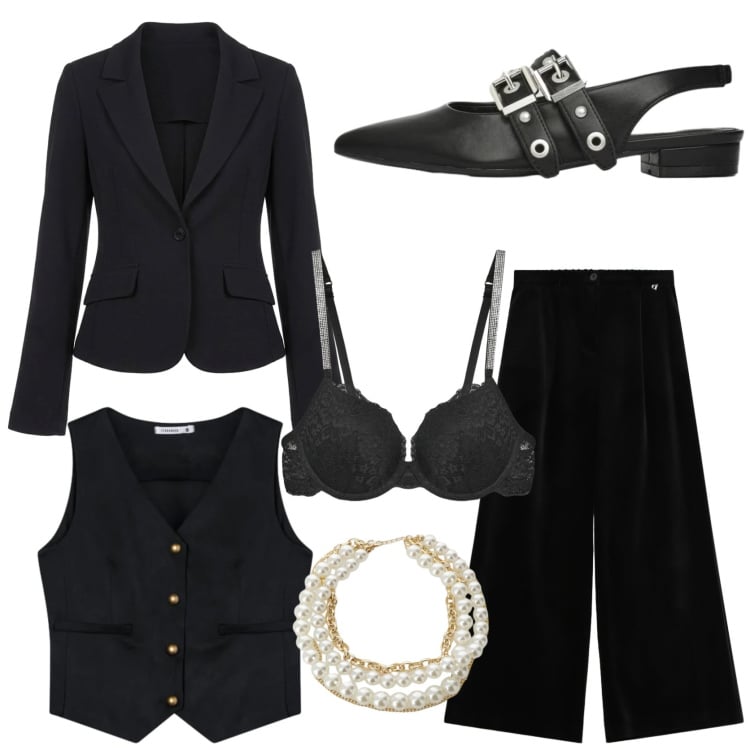 Outfit donna - Un tailleur nell\' armadio. Stile Chic per Tutti i giorni. Abbinamento con reggiseni a balconcino, ballerine, gilet, blazer, pantaloni a palazzo, collane.
