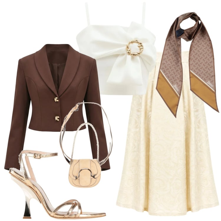 Outfit donna - Cerimonia a marzo. Stile Chic per Cerimonia. Abbinamento con marsupi, sandali in pelle, sciarpe, gonne longuette, top, blazer.