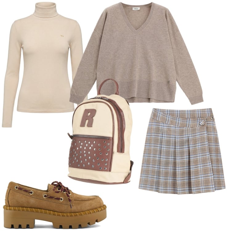 Outfit donna - Lo stile preppy in primavera. Stile Preppy per Tutti i giorni. Abbinamento con zaini, maglieria, gonne, maglieria, mocassini.
