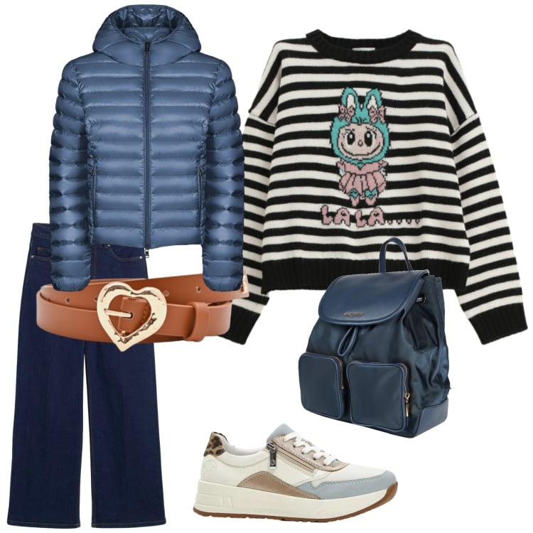 Outfit donna - Casual per inizio primavera. Stile Casual per Tutti i giorni. Abbinamento con zaini, jeans dritti, sneakers, cinture, bomber, maglieria.