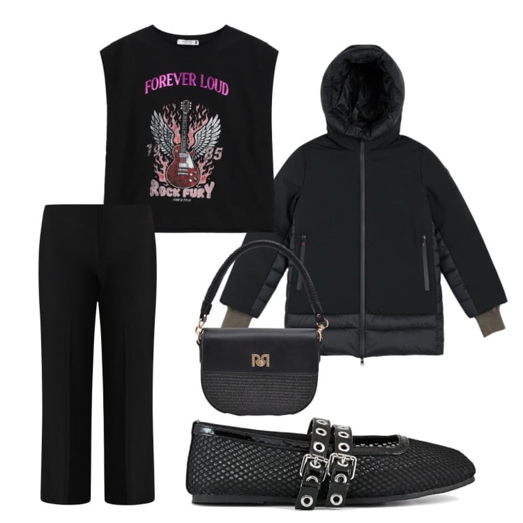 Outfit donna - Ballerine rock. Stile Rock per Serata fuori. Abbinamento con top, pantaloni a palazzo, borse a spalla, piumini, ballerine.