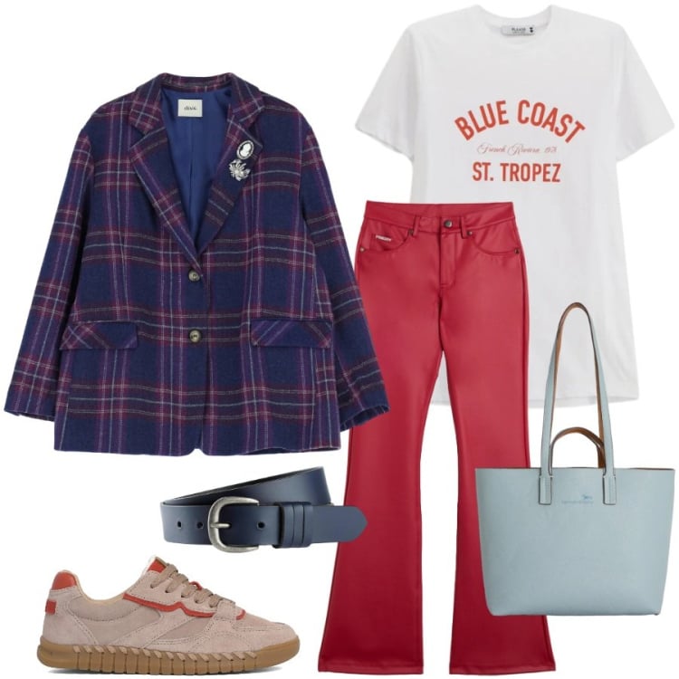 Outfit donna - Weekend di primavera. Stile Casual chic per Tutti i giorni. Abbinamento con cinture, shopping bag, t-shirt, blazer, pantaloni, sneakers.