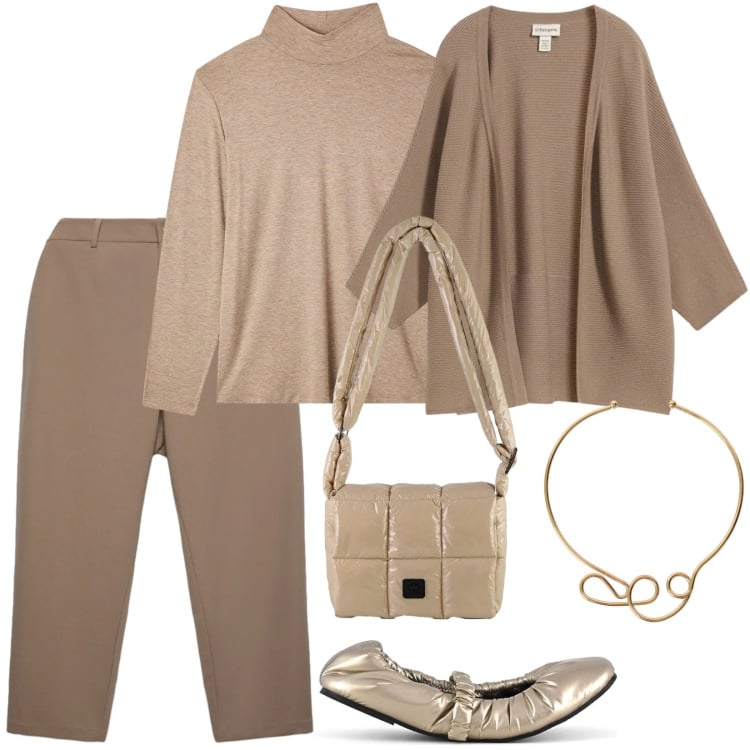 Outfit donna - Mattinata. Stile Basic per Tutti i giorni. Abbinamento con cardigans, t-shirt, pantaloni chino, borse a spalla, collane, ballerine.