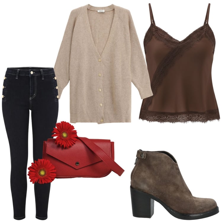 Outfit donna - Outfit di primavera. Stile Trendy per Tutti i giorni. Abbinamento con stivaletti, canottiere, jeans skinny, cardigans, borse a tracolla.