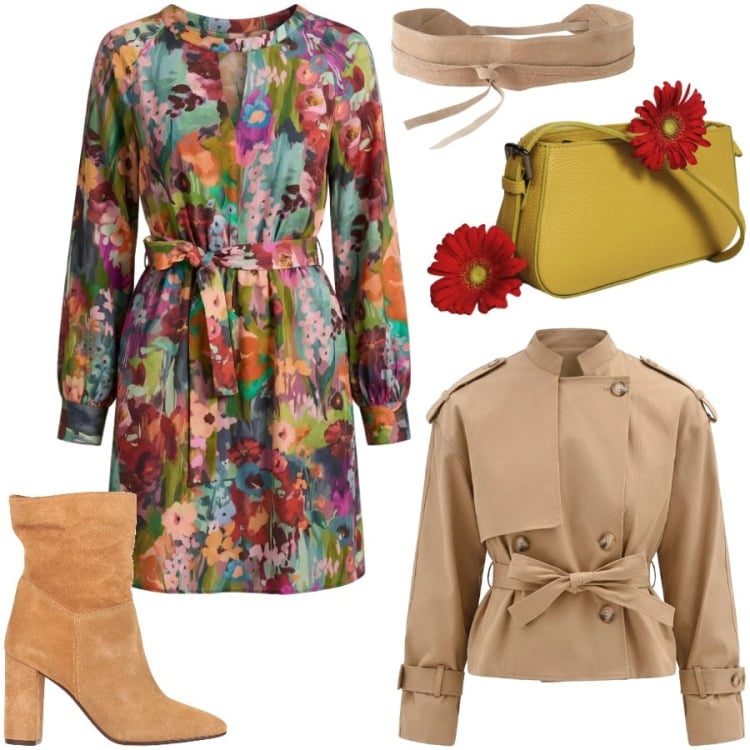 Outfit donna - Outfit in fiore. Stile Casual chic per Tutti i giorni. Abbinamento con stivaletti, cinture, vestiti corti, caban, borse a spalla.