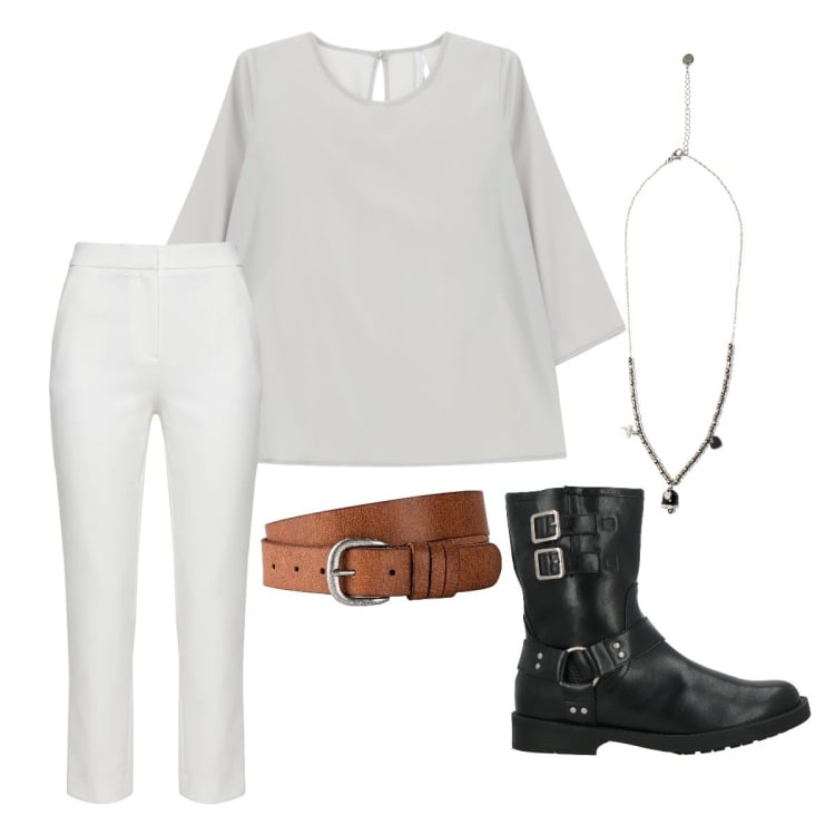 Outfit donna - Vado a fare due passi. Stile Minimal per Tutti i giorni. Abbinamento con stivaletti, cinture, pantaloni, bluse, ciondoli.