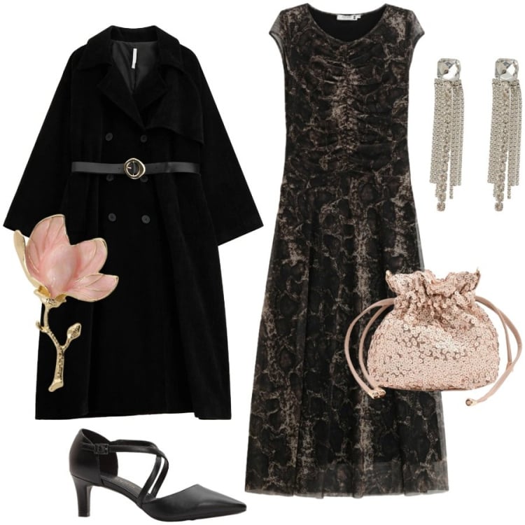 Outfit donna - Invito elegante. Stile Chic per Serata fuori. Abbinamento con décolleté, vestiti lunghi, pochette, trench, orecchini, blazer.