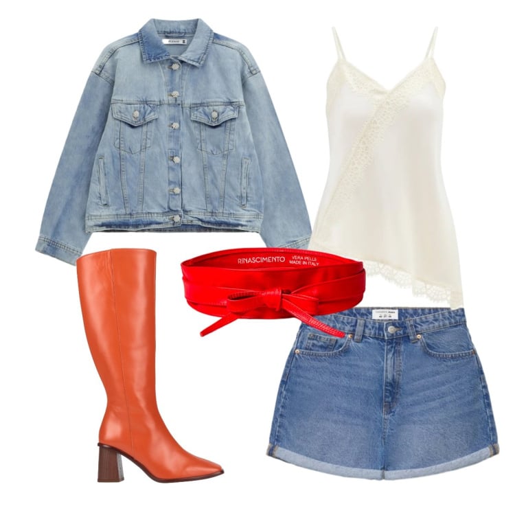 Outfit donna - Look da weekend primaverile. Stile Basic per Tutti i giorni. Abbinamento con stivali, shorts, blazer, cinture, canottiere.